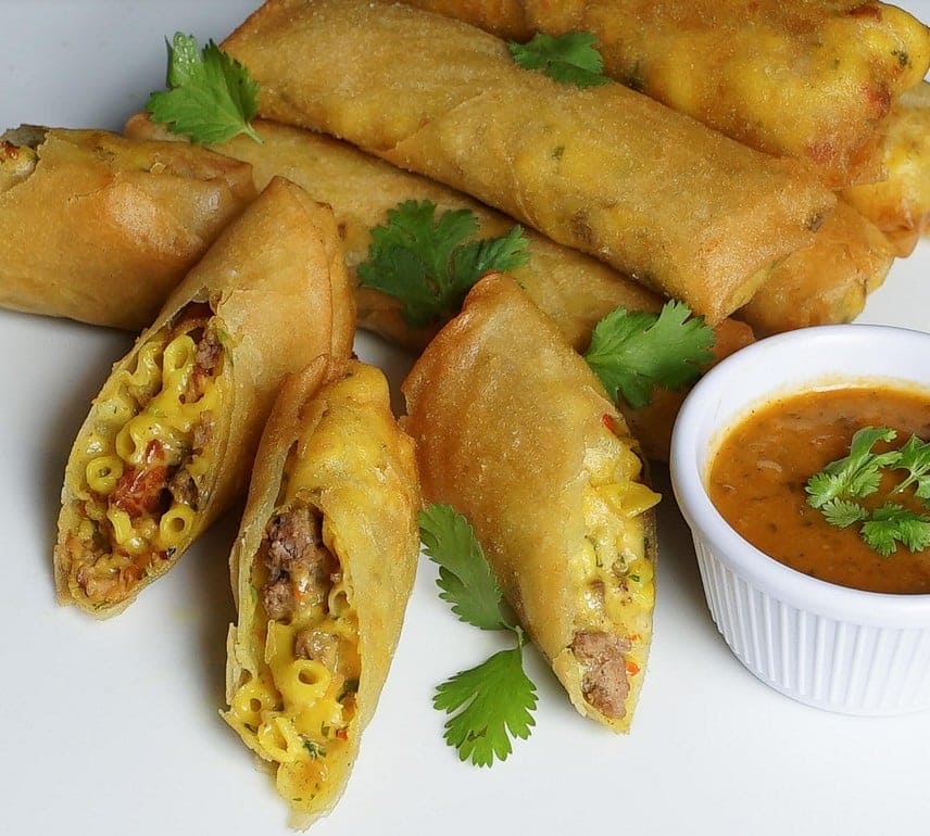 Mac & Cheese Spring Rolls with Spicy Banana Ketchup via @eatahfood
